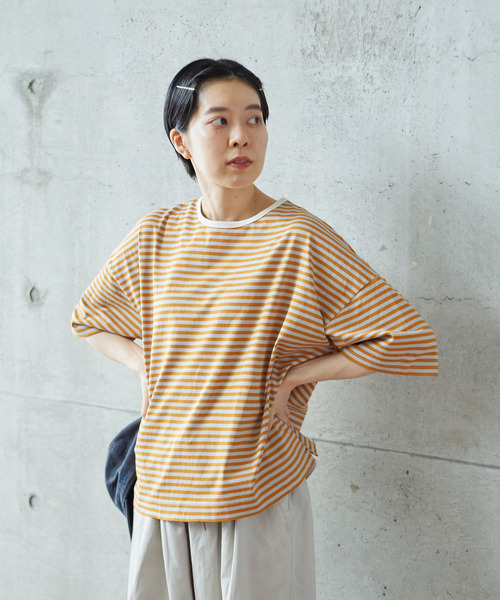 PAR ICI（パーリッシィ）の「ボーダー配色バインダー 5分袖BIG Tシャツ（Tシャツ/カットソー・レディース・ネイビー/オレンジ/ブルー/オレンジ系その他/ダークグリーン/グリーン/レッド・FREE）」の6枚目の写真