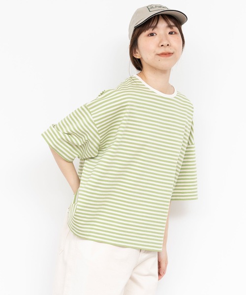 PAR ICI（パーリッシィ）の「ボーダー配色バインダー 5分袖BIG Tシャツ（Tシャツ/カットソー・レディース・ネイビー/オレンジ/ブルー/オレンジ系その他/ダークグリーン/グリーン/レッド・FREE）」の3枚目の写真