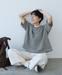 PAR ICI | ボーダー配色バインダー 5分袖BIG Tシャツ(Tシャツ/カットソー)