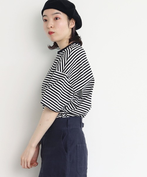 tシャツ ボーダー配色バインダー 5分袖BIG Tシャツ レディース ボーダー配色バインダー 5分袖BIG Tシャツ（Tシャツ/カットソー