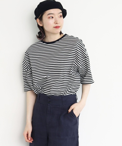 PAR ICI（パーリッシィ）の「ボーダー配色バインダー 5分袖BIG Tシャツ（Tシャツ/カットソー・レディース・ネイビー/オレンジ/ブルー/オレンジ系その他/ダークグリーン/グリーン/レッド・FREE）」の8枚目の写真