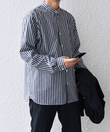 〈洗濯機可能〉ストライプ / ソリッド リラックス バンドカラー シャツ 26AW◇