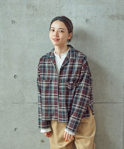 PAR ICI（パーリッシィ）の「ウール混ビエラチェック シャツジャケット (セットアップ対応)（テーラードジャケット・レディース・ボルドー/ネイビー・FREE）」の14枚目の写真