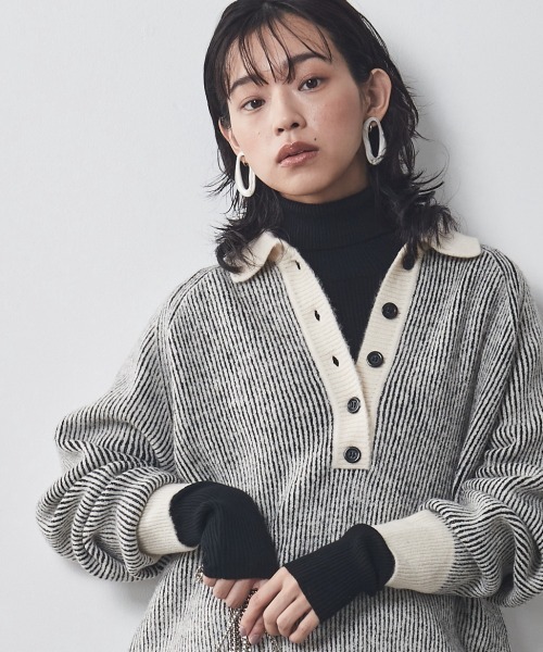 CHIC STYLE（シックスタイル）の「＜大きいサイズ＞ストライプポロニットプルオーバー シックスタイル（ニット/セーター・レディース・ホワイト系/ブラウン系・L/LL/3L/4L/5L）」の2枚目の写真