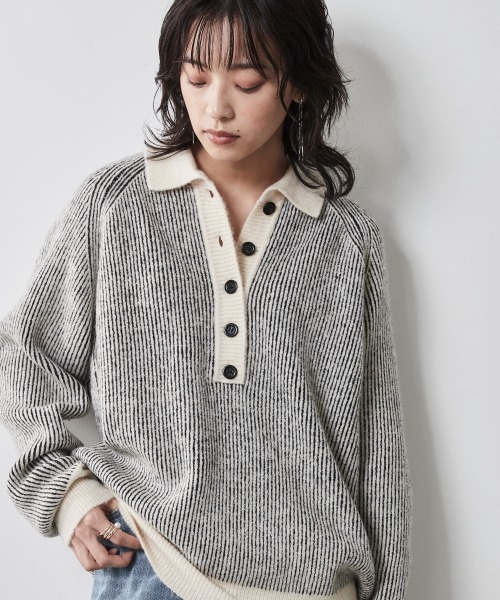 CHIC STYLE（シックスタイル）の「＜大きいサイズ＞ストライプポロニットプルオーバー シックスタイル（ニット/セーター・レディース・ホワイト系/ブラウン系・L/LL/3L/4L/5L）」の4枚目の写真