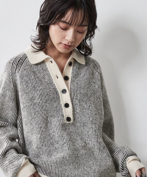 CHIC STYLE（シックスタイル）の「＜大きいサイズ＞ストライプポロニットプルオーバー シックスタイル（ニット/セーター・レディース・ホワイト系/ブラウン系・L/LL/3L/4L/5L）」の6枚目の写真