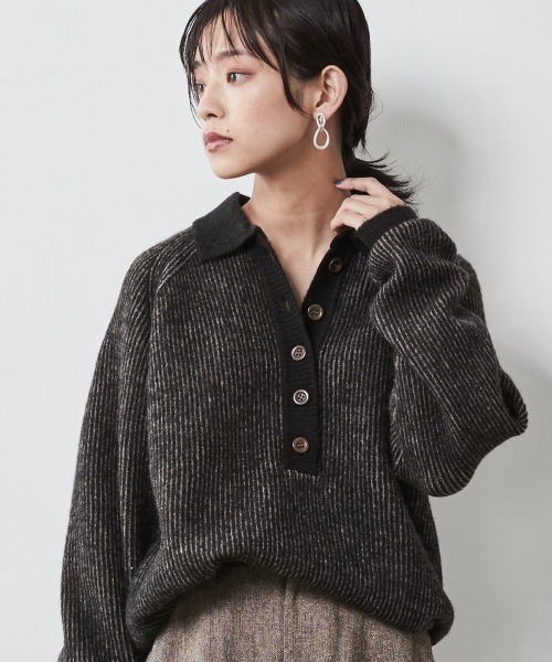 CHIC STYLE（シックスタイル）の「＜大きいサイズ＞ストライプポロニットプルオーバー シックスタイル（ニット/セーター・レディース・ホワイト系/ブラウン系・L/LL/3L/4L/5L）」の5枚目の写真