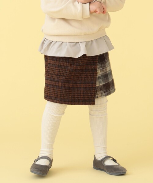 BEAMS mini(ビームスミニ)の「BEAMS mini / パッチワーク チェック スカートパンツ 23FW(90~150cm)(スカート・キッズ・ネイビー/ブラウン・100/90/130/140/150/110/120)」の3枚目の写真