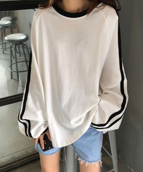 CANVAS+(キャンバスプラス)の「【CANVAS+】袖ラインリンガーロンT(Tシャツ/カットソー・レディース・ホワイト・M)」の2枚目の写真
