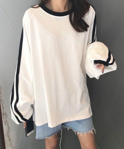 CANVAS+(キャンバスプラス)の「【CANVAS+】袖ラインリンガーロンT(Tシャツ/カットソー・レディース・ホワイト・M)」の3枚目の写真