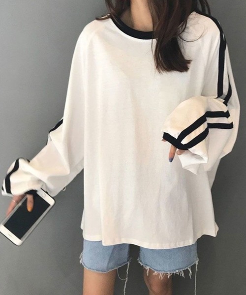CANVAS+(キャンバスプラス)の「【CANVAS+】袖ラインリンガーロンT(Tシャツ/カットソー・レディース・ホワイト・M)」の4枚目の写真