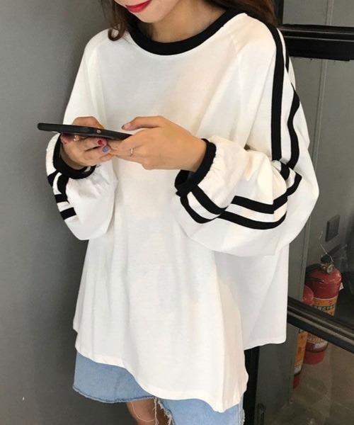 CANVAS+(キャンバスプラス)の「【CANVAS+】袖ラインリンガーロンT(Tシャツ/カットソー・レディース・ホワイト・M)」の5枚目の写真