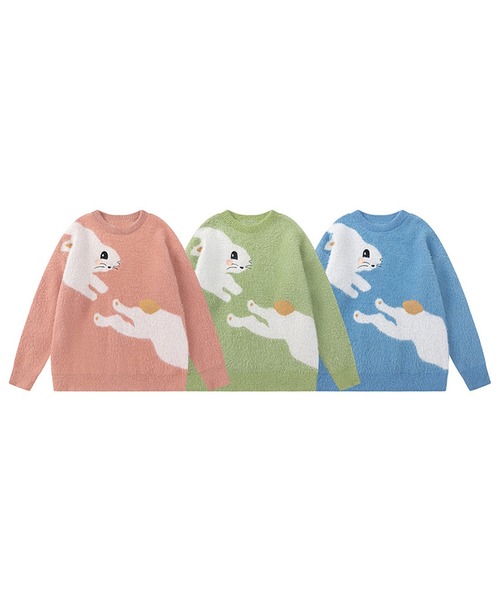 HOOK(フック)の「かわいいうさぎ模様ナイロンファーニット(ニット/セーター・メンズ・グリーン/ブルー/ピンク・L/XL/M)」の15枚目の写真