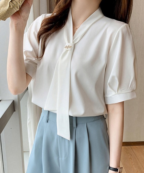 Miniministore(ミニミニストア)の「ボウタイブラウス 半袖 レディース 無地半袖(シャツ/ブラウス・レディース・ライトブルー/ホワイト/ピンク・M/XL/L)」の4枚目の写真