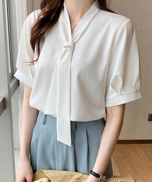 Miniministore(ミニミニストア)の「ボウタイブラウス 半袖 レディース 無地半袖(シャツ/ブラウス・レディース・ライトブルー/ホワイト/ピンク・M/XL/L)」の5枚目の写真