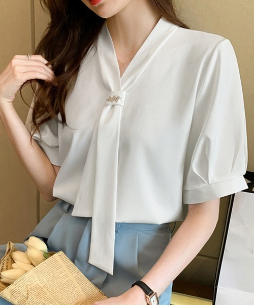 Miniministore(ミニミニストア)の「ボウタイブラウス 半袖 レディース 無地半袖(シャツ/ブラウス・レディース・ライトブルー/ホワイト/ピンク・M/XL/L)」の6枚目の写真