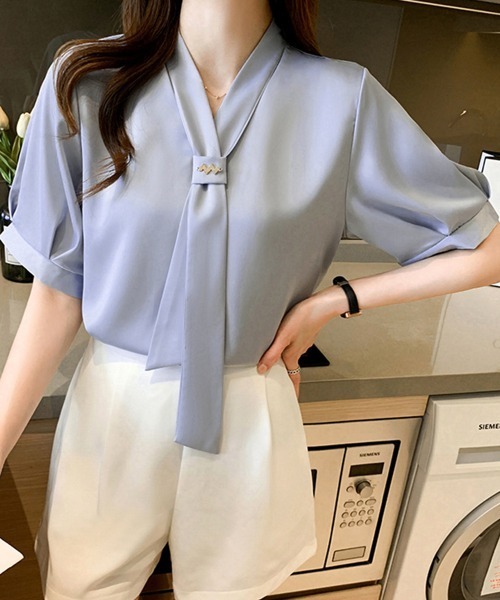 Miniministore(ミニミニストア)の「ボウタイブラウス 半袖 レディース 無地半袖(シャツ/ブラウス・レディース・ライトブルー/ホワイト/ピンク・M/XL/L)」の10枚目の写真