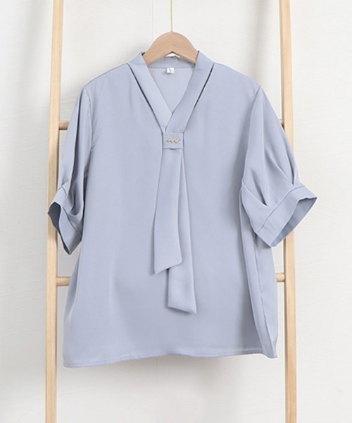 Miniministore(ミニミニストア)の「ボウタイブラウス 半袖 レディース 無地半袖(シャツ/ブラウス・レディース・ライトブルー/ホワイト/ピンク・M/XL/L)」の16枚目の写真