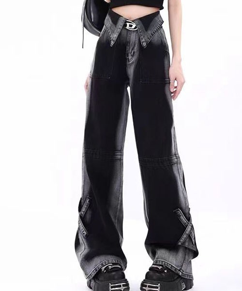gossip!ロサンゼルス(ゴシップロサンゼルス)の「Y2Kハイウエスト 折り返しウエスト グラデーションブラックデニム ワイドストレート クロスストラップデザイン ハイストリート(デニムパンツ・レディース・ブラック/ピンク・L/M/S/XS)」の3枚目の写真