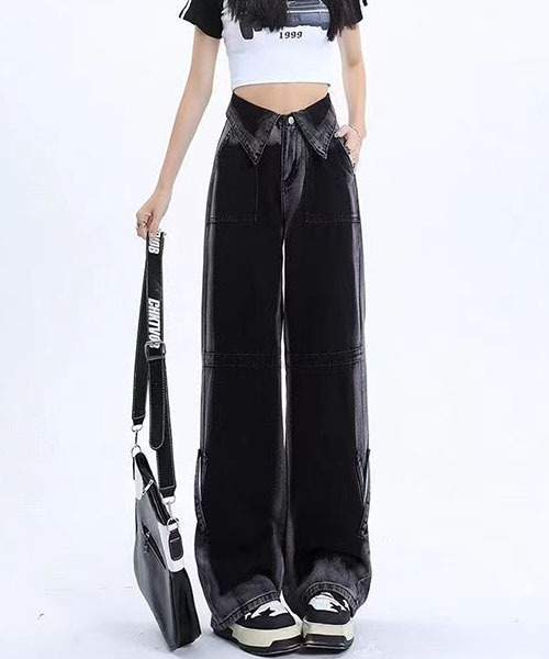 gossip!ロサンゼルス(ゴシップロサンゼルス)の「Y2Kハイウエスト 折り返しウエスト グラデーションブラックデニム ワイドストレート クロスストラップデザイン ハイストリート(デニムパンツ・レディース・ブラック/ピンク・L/M/S/XS)」の9枚目の写真