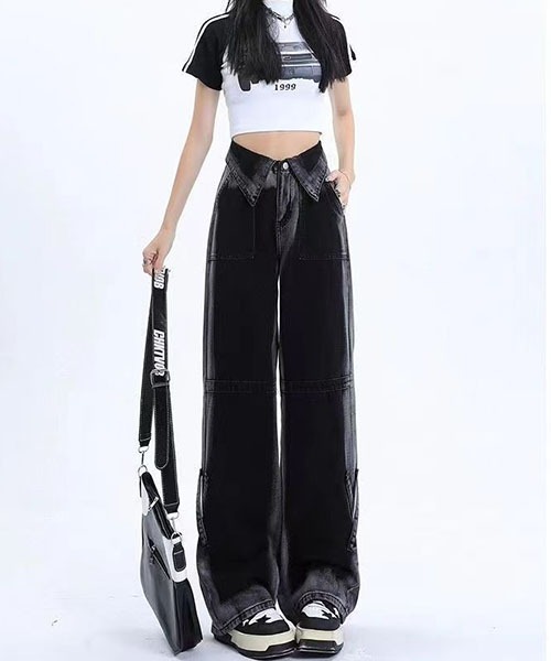gossip!ロサンゼルス(ゴシップロサンゼルス)の「Y2Kハイウエスト 折り返しウエスト グラデーションブラックデニム ワイドストレート クロスストラップデザイン ハイストリート(デニムパンツ・レディース・ブラック/ピンク・L/M/S/XS)」の10枚目の写真