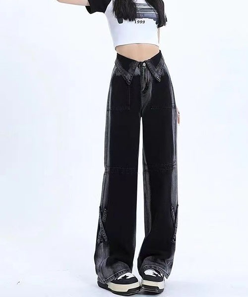 gossip!ロサンゼルス(ゴシップロサンゼルス)の「Y2Kハイウエスト 折り返しウエスト グラデーションブラックデニム ワイドストレート クロスストラップデザイン ハイストリート(デニムパンツ・レディース・ブラック/ピンク・L/M/S/XS)」の11枚目の写真