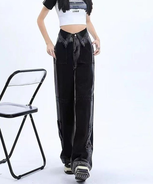 gossip!ロサンゼルス(ゴシップロサンゼルス)の「Y2Kハイウエスト 折り返しウエスト グラデーションブラックデニム ワイドストレート クロスストラップデザイン ハイストリート(デニムパンツ・レディース・ブラック/ピンク・L/M/S/XS)」の12枚目の写真