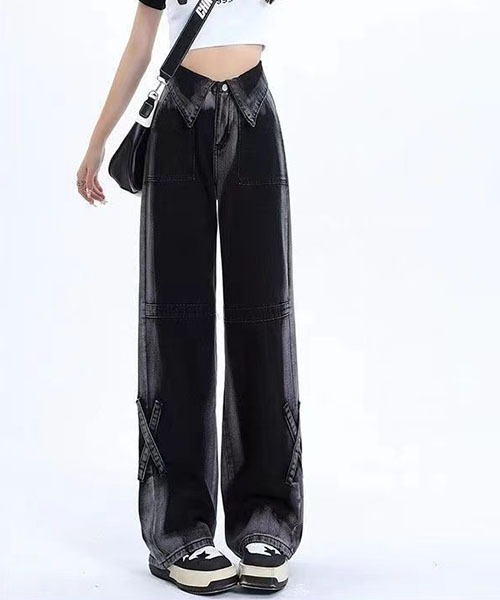 gossip!ロサンゼルス(ゴシップロサンゼルス)の「Y2Kハイウエスト 折り返しウエスト グラデーションブラックデニム ワイドストレート クロスストラップデザイン ハイストリート(デニムパンツ・レディース・ブラック/ピンク・L/M/S/XS)」の13枚目の写真