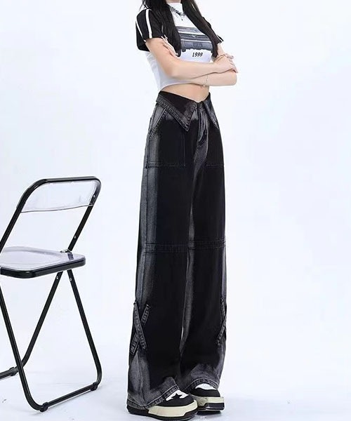 gossip!ロサンゼルス(ゴシップロサンゼルス)の「Y2Kハイウエスト 折り返しウエスト グラデーションブラックデニム ワイドストレート クロスストラップデザイン ハイストリート(デニムパンツ・レディース・ブラック/ピンク・L/M/S/XS)」の15枚目の写真