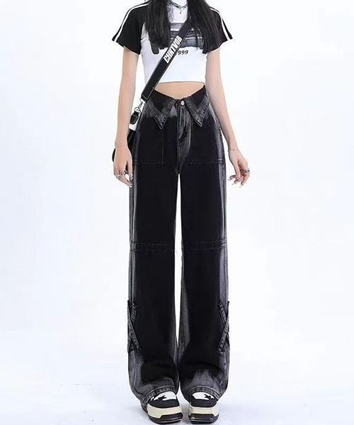 gossip!ロサンゼルス(ゴシップロサンゼルス)の「Y2Kハイウエスト 折り返しウエスト グラデーションブラックデニム ワイドストレート クロスストラップデザイン ハイストリート(デニムパンツ・レディース・ブラック/ピンク・L/M/S/XS)」の16枚目の写真