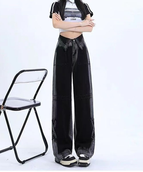 gossip!ロサンゼルス(ゴシップロサンゼルス)の「Y2Kハイウエスト 折り返しウエスト グラデーションブラックデニム ワイドストレート クロスストラップデザイン ハイストリート(デニムパンツ・レディース・ブラック/ピンク・L/M/S/XS)」の17枚目の写真