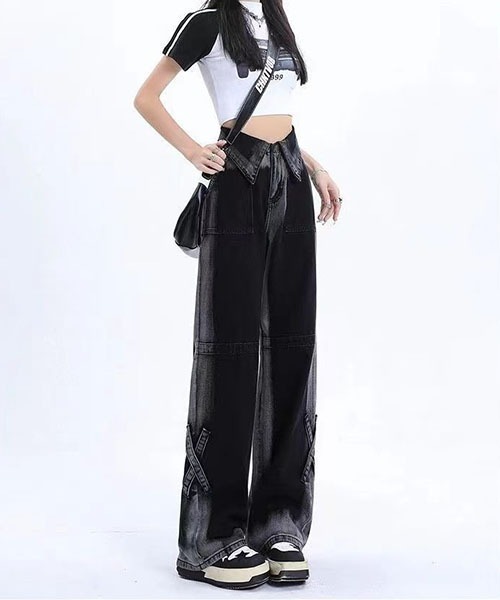 gossip!ロサンゼルス(ゴシップロサンゼルス)の「Y2Kハイウエスト 折り返しウエスト グラデーションブラックデニム ワイドストレート クロスストラップデザイン ハイストリート(デニムパンツ・レディース・ブラック/ピンク・L/M/S/XS)」の19枚目の写真