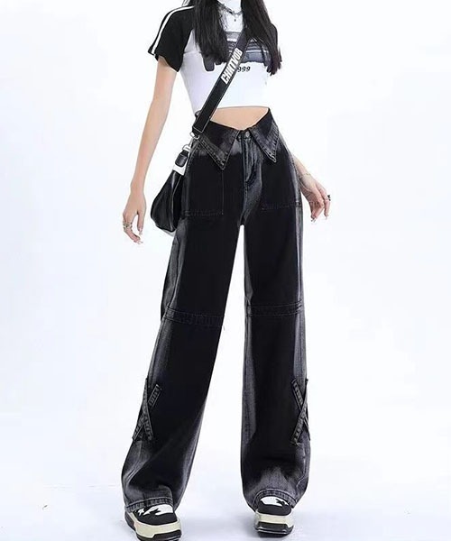 gossip!ロサンゼルス(ゴシップロサンゼルス)の「Y2Kハイウエスト 折り返しウエスト グラデーションブラックデニム ワイドストレート クロスストラップデザイン ハイストリート(デニムパンツ・レディース・ブラック/ピンク・L/M/S/XS)」の21枚目の写真