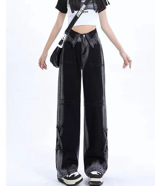 gossip!ロサンゼルス(ゴシップロサンゼルス)の「Y2Kハイウエスト 折り返しウエスト グラデーションブラックデニム ワイドストレート クロスストラップデザイン ハイストリート(デニムパンツ・レディース・ブラック/ピンク・L/M/S/XS)」の22枚目の写真