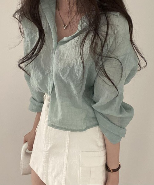 BLANC FICELLE(ブランフィセル)の「薄手 シンプル シャツ(シャツ/ブラウス・レディース・グレー/ホワイト/ミント/ブルー・S/M/L)」の5枚目の写真