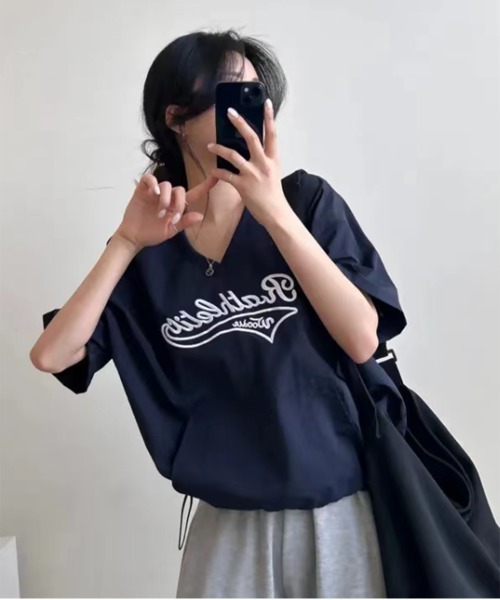 by muni:r(バイ ムニール)の「レタリングナイロンストリングTトップス(Tシャツ/カットソー・レディース・ネイビー/ホワイト/ピンク・FREE)」の12枚目の写真