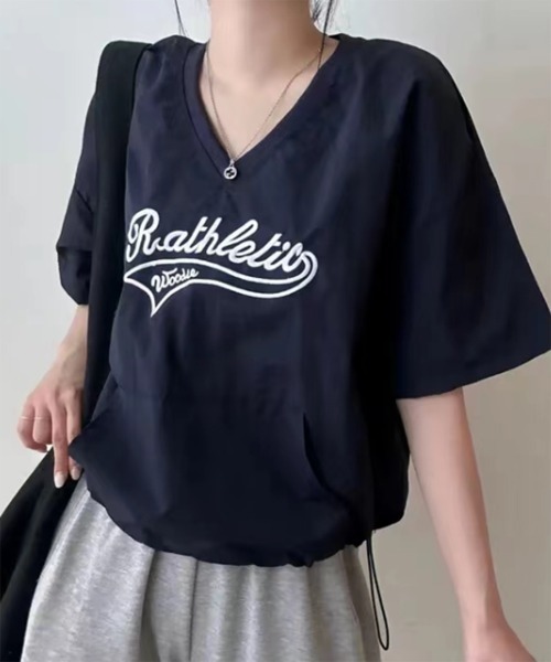 by muni:r(バイ ムニール)の「レタリングナイロンストリングTトップス(Tシャツ/カットソー・レディース・ネイビー/ホワイト/ピンク・FREE)」の11枚目の写真