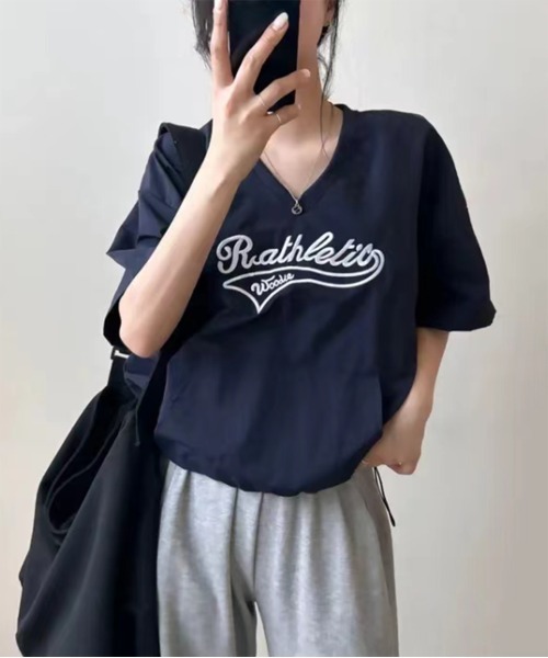 by muni:r(バイ ムニール)の「レタリングナイロンストリングTトップス(Tシャツ/カットソー・レディース・ネイビー/ホワイト/ピンク・FREE)」の9枚目の写真