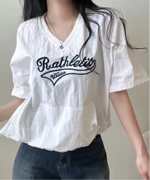 by muni:r(バイ ムニール)の「レタリングナイロンストリングTトップス(Tシャツ/カットソー・レディース・ネイビー/ホワイト/ピンク・FREE)」の19枚目の写真