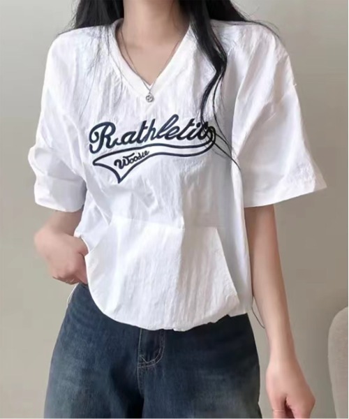by muni:r(バイ ムニール)の「レタリングナイロンストリングTトップス(Tシャツ/カットソー・レディース・ネイビー/ホワイト/ピンク・FREE)」の18枚目の写真