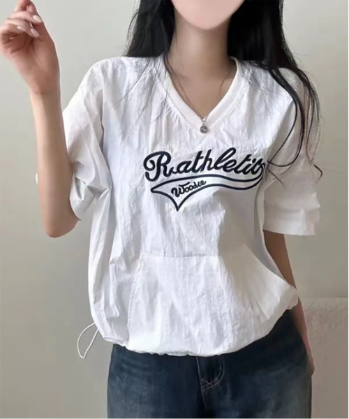 by muni:r(バイ ムニール)の「レタリングナイロンストリングTトップス(Tシャツ/カットソー・レディース・ネイビー/ホワイト/ピンク・FREE)」の16枚目の写真
