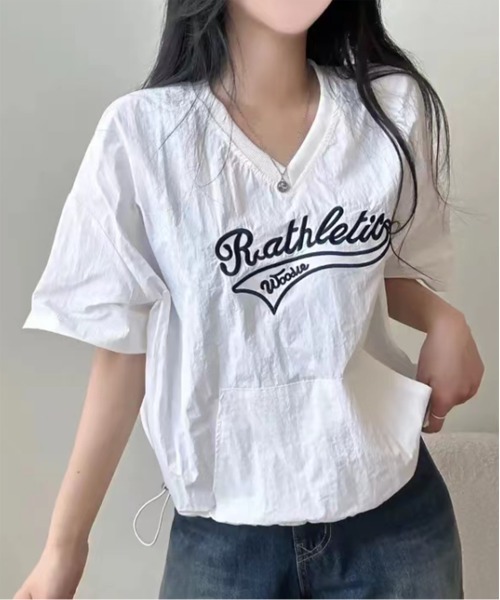 by muni:r(バイ ムニール)の「レタリングナイロンストリングTトップス(Tシャツ/カットソー・レディース・ネイビー/ホワイト/ピンク・FREE)」の15枚目の写真
