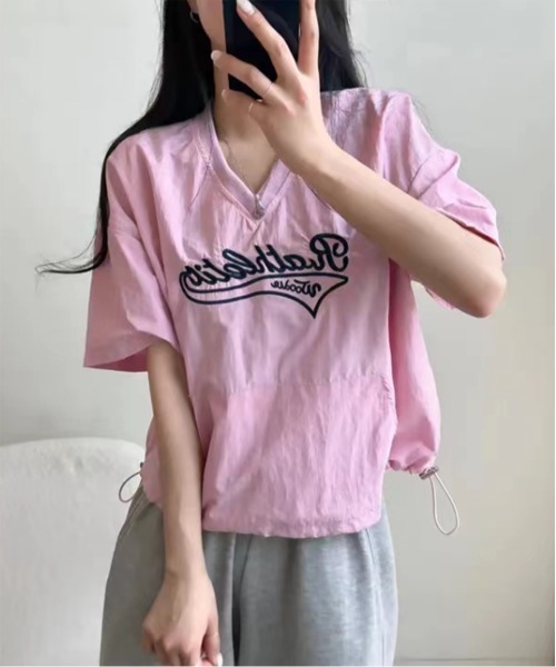 by muni:r(バイ ムニール)の「レタリングナイロンストリングTトップス(Tシャツ/カットソー・レディース・ネイビー/ホワイト/ピンク・FREE)」の6枚目の写真