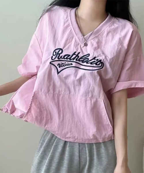 by muni:r(バイ ムニール)の「レタリングナイロンストリングTトップス(Tシャツ/カットソー・レディース・ネイビー/ホワイト/ピンク・FREE)」の5枚目の写真