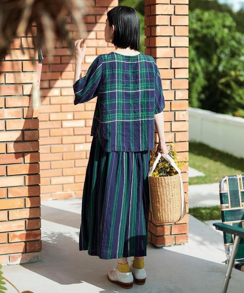サニークラウズ 麻だけのチェックトップス〈レディース