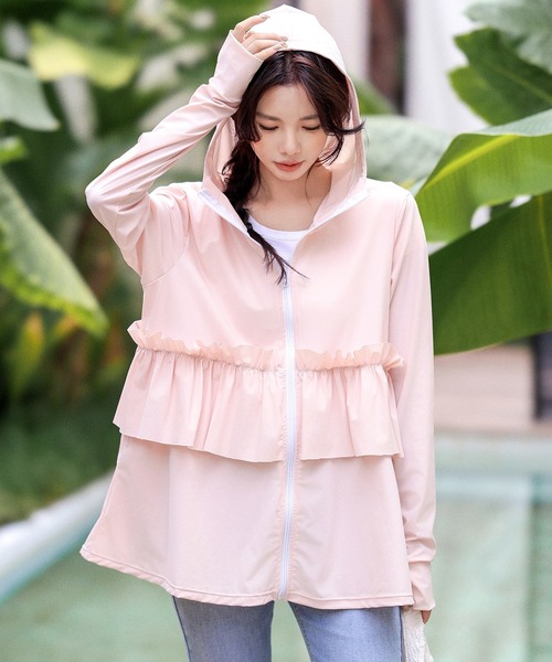 ラッシュガード フリルラッシュガード M/XXL スカートタイプ レディース 長袖フード付きダブルフリルラッシュガードトップス