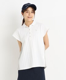 adabat | ストライプ×千鳥デザイン 異素材組み合わせ フレンチスリーブポロシャツ(ポロシャツ)