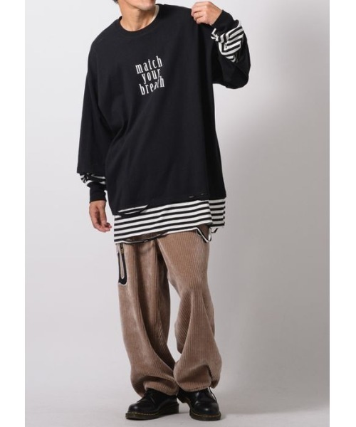 RE730(アールイーセブンサーティー)の「RE730 フェイクレイヤードグランジ加工ロングスリーブTシャツ(Tシャツ/カットソー・メンズ・ブラック×ホワイト・MEDIUM/LARGE/X-LARGE)」の5枚目の写真