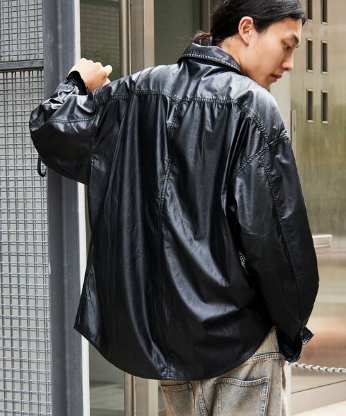 セール】ウォッシュ加工 フェイクレザー レギュラーカラーシャツ
