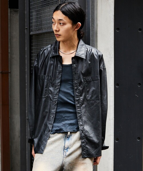 セール】ウォッシュ加工 フェイクレザー レギュラーカラーシャツ